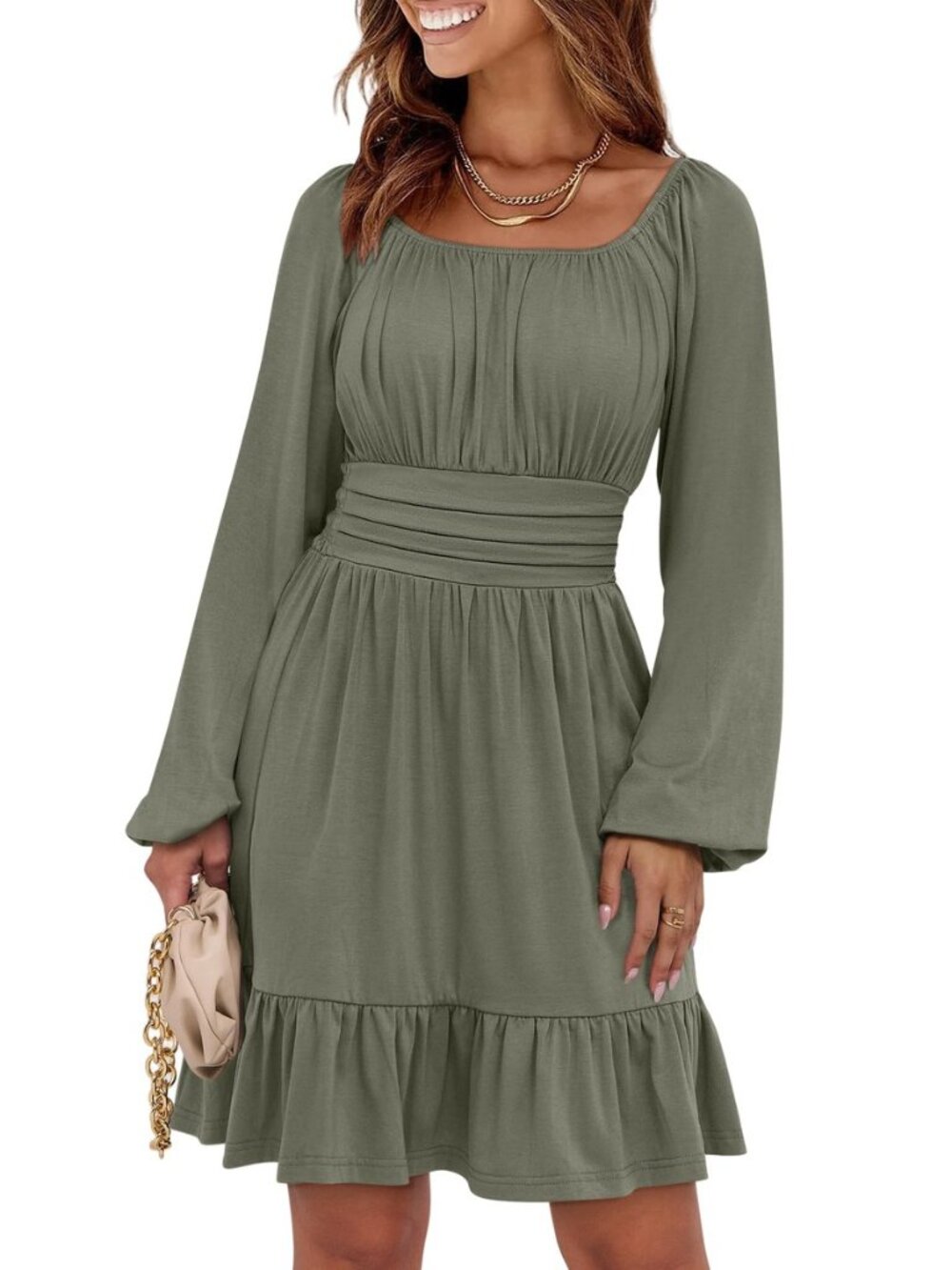 Women Long Lantern Sleeve Square Neck Fall Short Dress